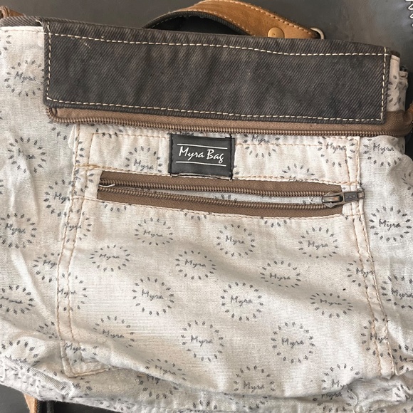 Myra Bag Azure Upcycled Canvas & Cowhide Leather Shoulder Bag NWOT - Picture 12 of 14